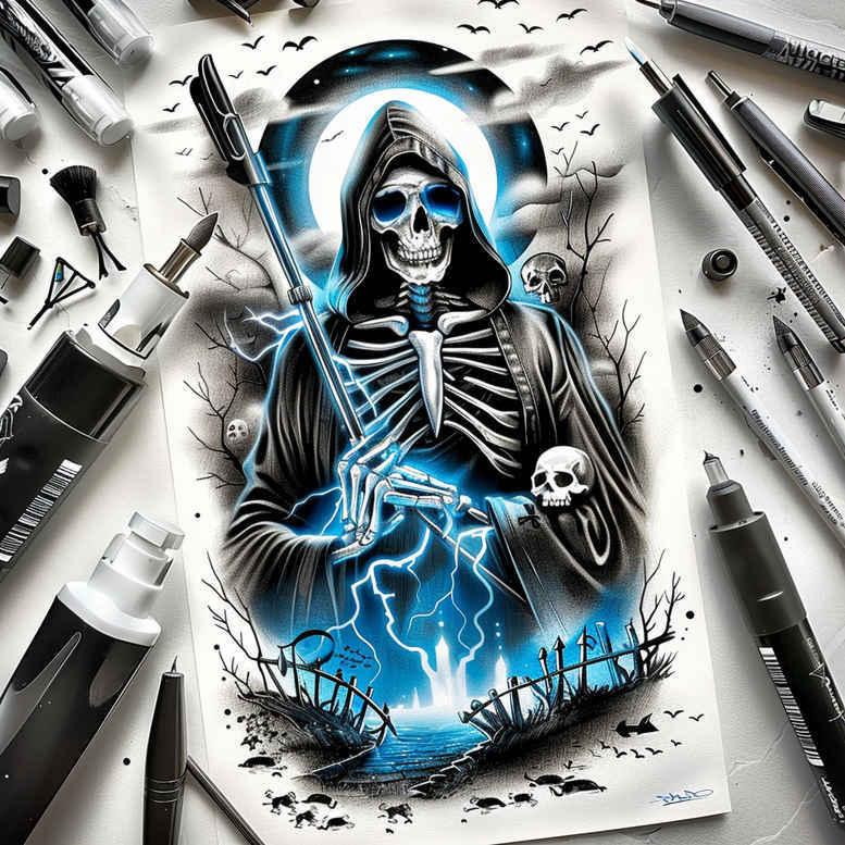 grim-reaper tattoo design ideas vivid hues shadowed embodying resilience
