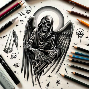 grim-reaper tattoo design ideas realistic contrast shadowed for collarbone