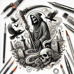 grim-reaper tattoo design ideas Realism micro detail shadowed for neck