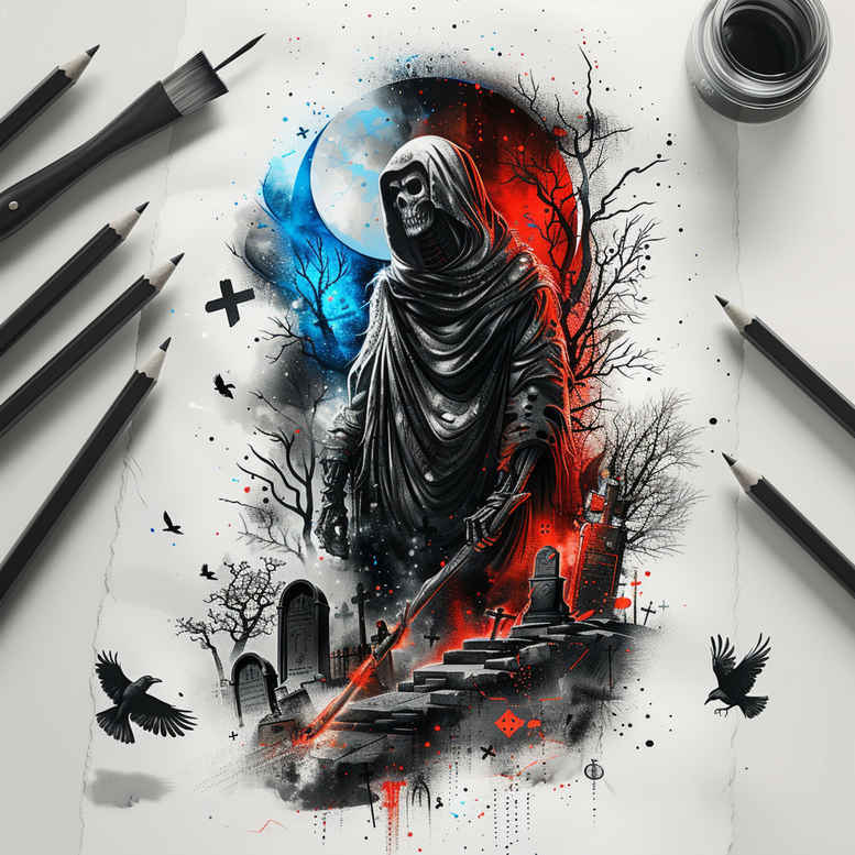 grim-reaper tattoo design ideas Realism soft contrast sinister courage and power