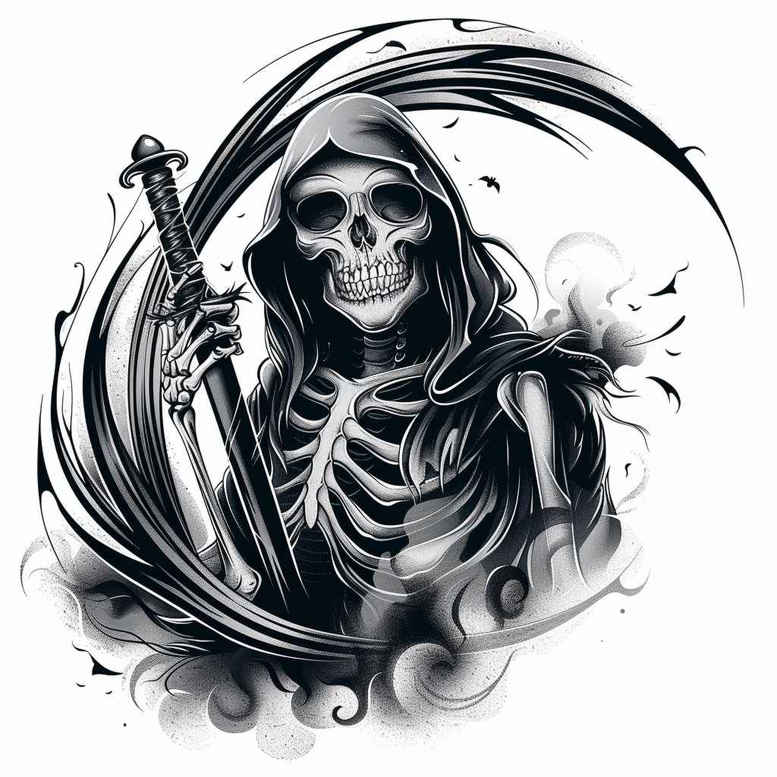 grim-reaper tattoo design ideas Realism micro detail sinister for neck