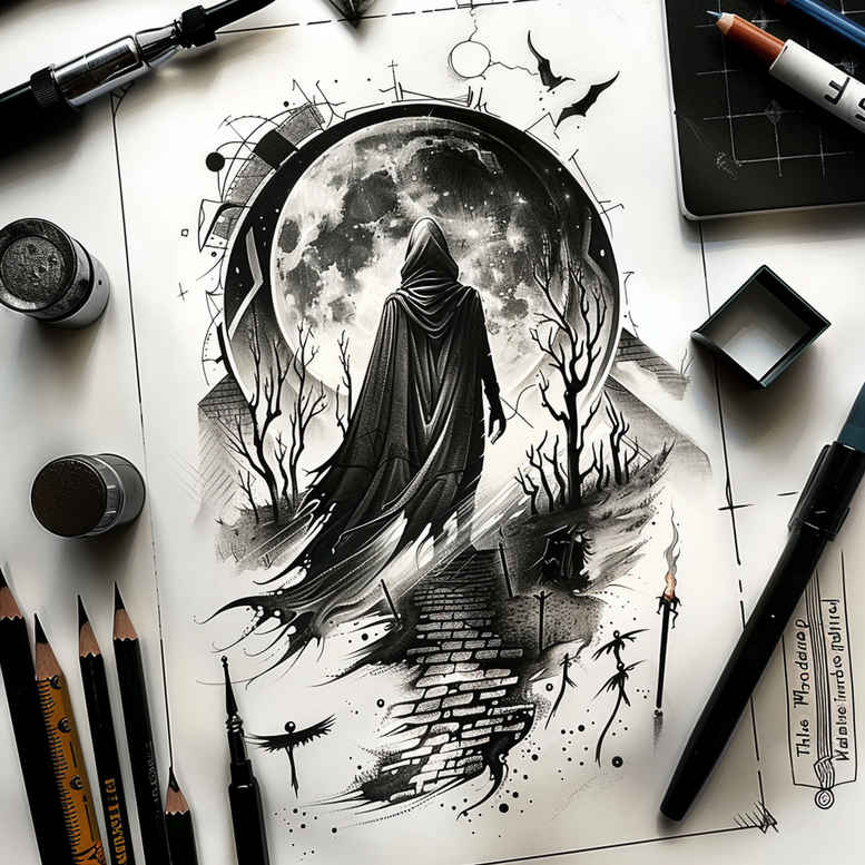 grim-reaper tattoo design ideas contrasting colors skeletal for nape