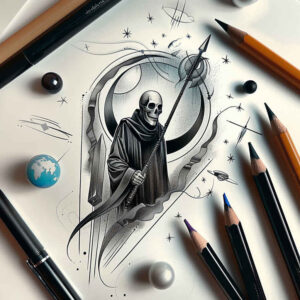 grim-reaper tattoo design ideas textured shading skeletal for triceps
