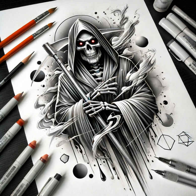 grim-reaper tattoo design ideas Surrealism psychic energy skeletal hands embodying determination