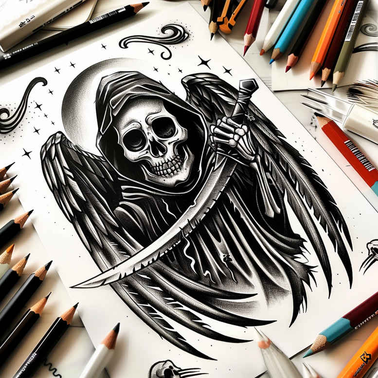 grim-reaper tattoo design ideas layered shading skeletal hands represents endurance