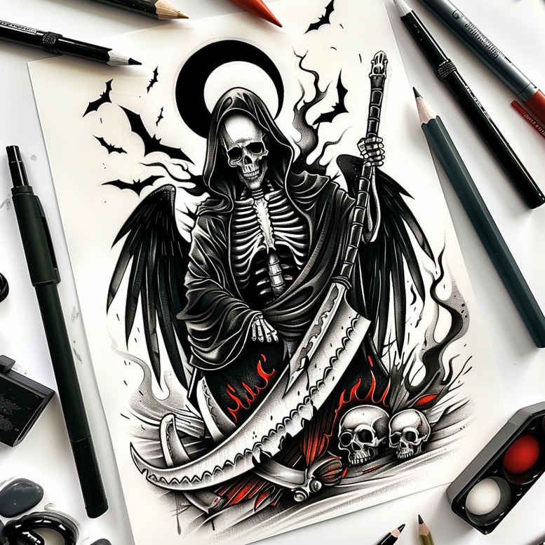 grim-reaper tattoo design ideas volume effect skeletal shows courage
