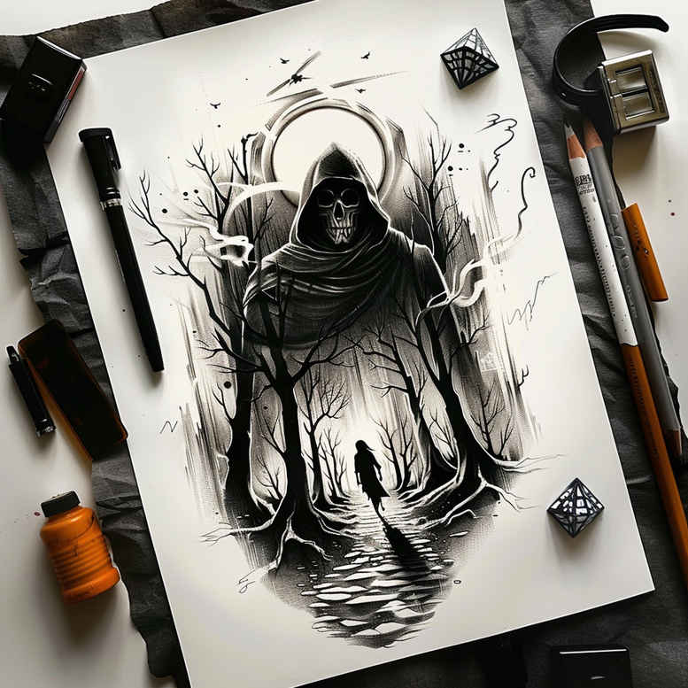 grim-reaper tattoo design ideas glossy skull for shin