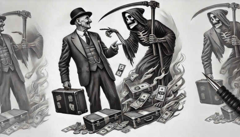 Skeleton with scythe looming over businessmen in suits and briefcases, rendered in black and grey; AI-generated tattoo project; cover-up-ready.