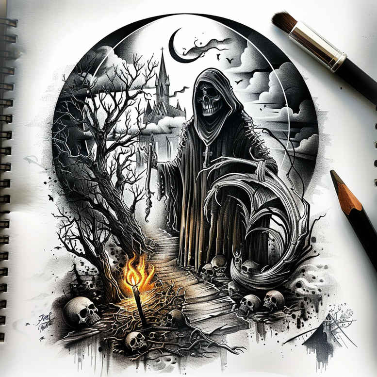 grim-reaper tattoo design ideas refined lines spiritual symbol of strength