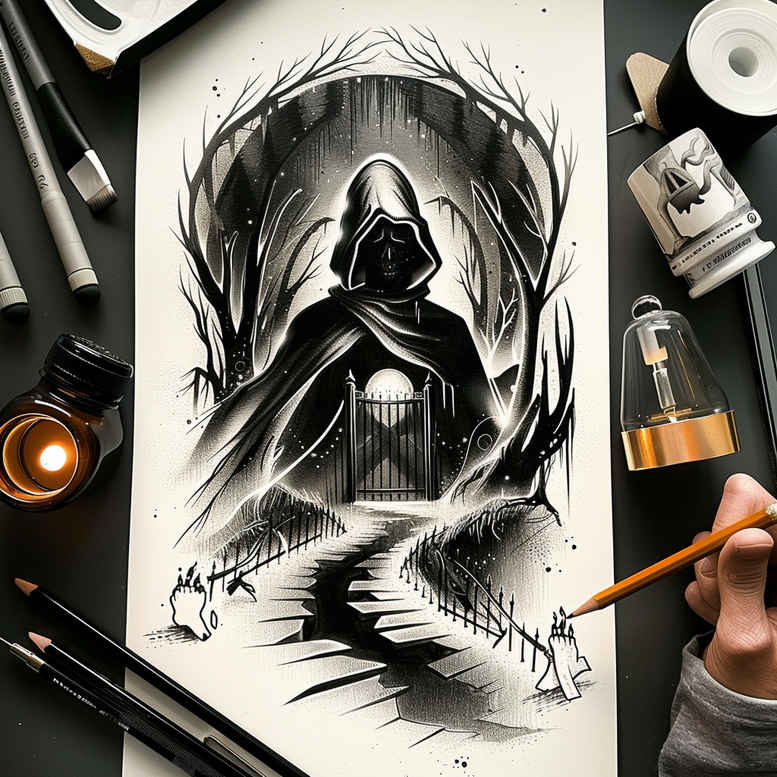 grim-reaper tattoo design ideas contrasting colors symbolic death symbol of courage