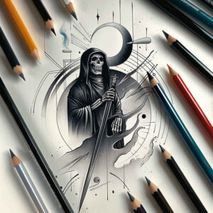 grim-reaper tattoo design ideas Surrealism shimmering forms symbolic for upper thigh