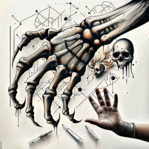 hands-with-ornamentation – tattoo design ideas free ai generated – surrealism-ambiguous-space – for-lower-thigh – Gallery: hands-inkby-ai