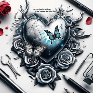 heart-with-feathers – tattoo design ideas free ai generated – neotraditional-enhanced-shading – for-upper-shoulder – Gallery: hearts-inkby-ai