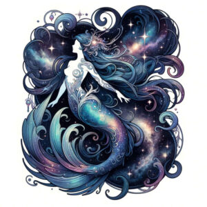 Objects: [mermaid, tail, hair, stars, waves, bubbles], color: full color, project: final tattoo design, cover-up: suitable.