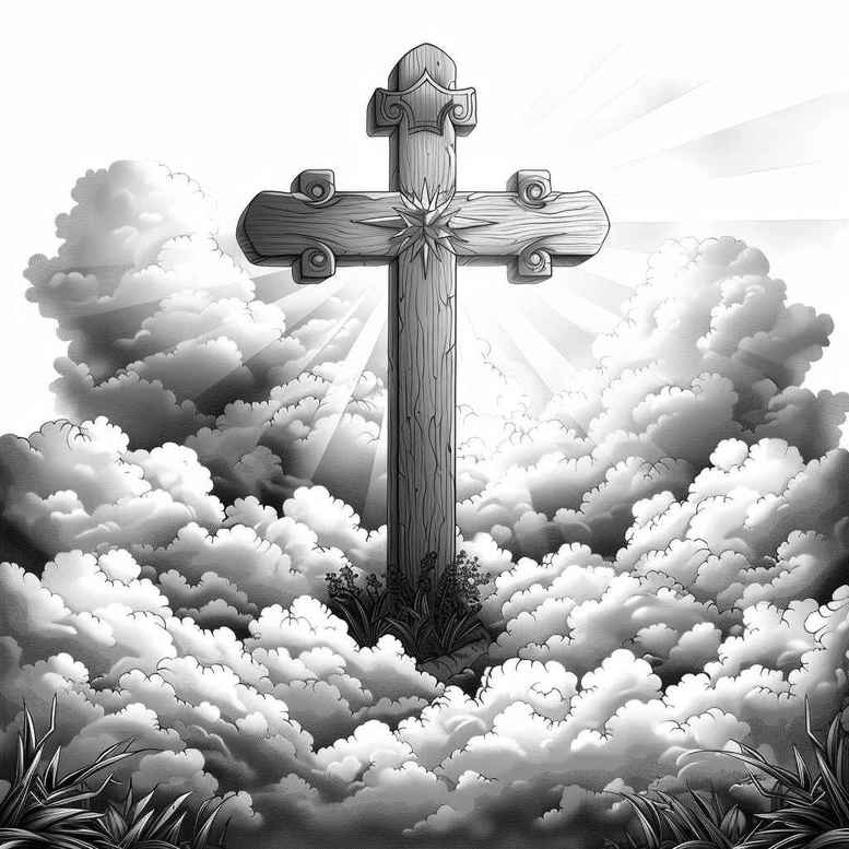 Cross rising from dark clouds in black and grey, tattoo design concept; a project idea, not ideal for cover-up.