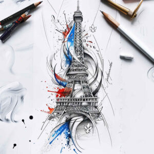 Black line art Eiffel Tower with blue and red watercolor splashes on white background; pens nearby; project idea, not ideal for cover-up.