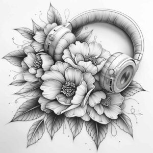 Headphones wrapped by peony-like flowers in black and grey linework; a tattoo design idea suitable for a cover-up.