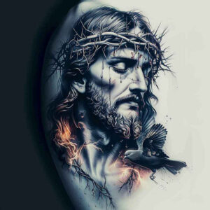 face-of-jesus – tattoo design ideas free ai generated – realistic-shadowing – for-upper-shoulder – Gallery: jesus-inkby-ai