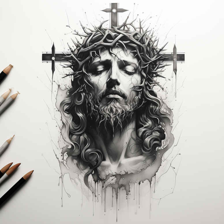 figure-of-jesus – tattoo design ideas free ai generated – real-life-shading – for-knee – Gallery: jesus-inkby-ai