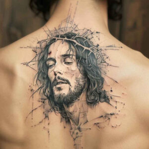 jesus-and-divine-grace – tattoo design ideas free ai generated – highlighted-contrast – for-shin – Gallery: jesus-inkby-ai