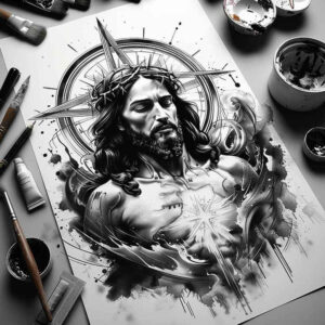 jesus-and-light – tattoo design ideas free ai generated – depth-illusion – for-stomach – Gallery: jesus-inkby-ai