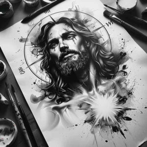 jesus-and-spiritual-power – tattoo design ideas free ai generated – rich-blacks – for-upper-back – Gallery: jesus-inkby-ai