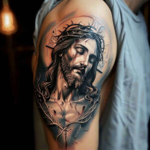 jesus-christ-tattoo – tattoo design ideas free ai generated – living-skin – for-outer-arm – Gallery: jesus-inkby-ai