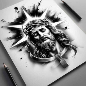 jesus-christ-tattoo – tattoo design ideas free ai generated – perfect-proportions – for-lower-thigh – Gallery: jesus-inkby-ai