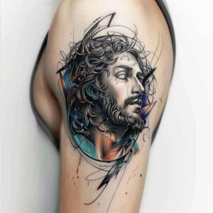 jesus-christ-tattoo – tattoo design ideas free ai generated – realistic-lighting – for-upper-chest – Gallery: jesus-inkby-ai