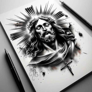 jesus-divine-grace-tattoo – tattoo design ideas free ai generated – depth-illusion – for-upper-arm – Gallery: jesus-inkby-ai