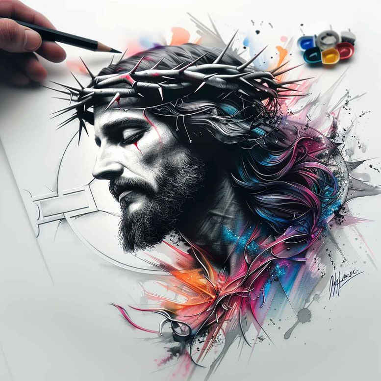jesus-divine-grace-tattoo – tattoo design ideas free ai generated – precise-anatomy – for-sternum – Gallery: jesus-inkby-ai