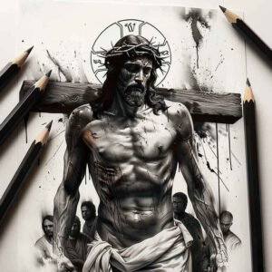jesus-divine-grace-tattoo – tattoo design ideas free ai generated – tactile-shading – for-lower-back – Gallery: jesus-inkby-ai