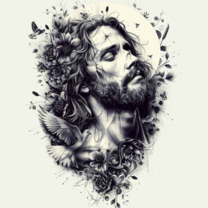 jesus-divine-light-tattoo – tattoo design ideas free ai generated – lifelike-eyes – for-side – Gallery: jesus-inkby-ai