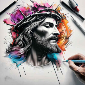 jesus-divine-tattoo – tattoo design ideas free ai generated – real-shadows – for-outer-arm – Gallery: jesus-inkby-ai