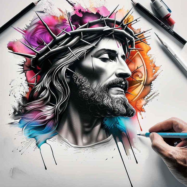 jesus-divine-tattoo – tattoo design ideas free ai generated – real-shadows – for-outer-arm – Gallery: jesus-inkby-ai