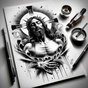 jesus-divine-tattoo – tattoo design ideas free ai generated – visual-truth – for-upper-thigh – Gallery: jesus-inkby-ai