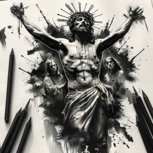 jesus-eternal-tattoo – tattoo design ideas free ai generated – realistic-lighting – for-outer-arm – Gallery: jesus-inkby-ai
