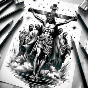 jesus-heart-tattoo – tattoo design ideas free ai generated – contrast-ink – for-calf – Gallery: jesus-inkby-ai