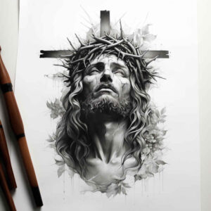 jesus-holy-love-tattoo – tattoo design ideas free ai generated – gradient-tones – for-shin – Gallery: jesus-inkby-ai