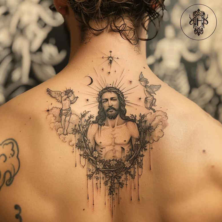 jesus-holy-tattoo – tattoo design ideas free ai generated – refined-contrast – for-back-of-neck – Gallery: jesus-inkby-ai