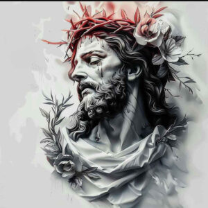 jesus-iconic-tattoo – tattoo design ideas free ai generated – illusion-of-depth – for-lower-thigh – Gallery: jesus-inkby-ai