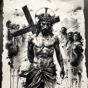 jesus-iconic-tattoo – tattoo design ideas free ai generated – refined-highlights – for-scapula – Gallery: jesus-inkby-ai