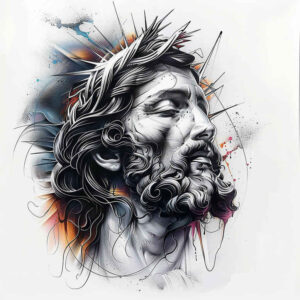 jesus-iconic-tattoo – tattoo design ideas free ai generated – rich-blacks – for-lower-thigh – Gallery: jesus-inkby-ai