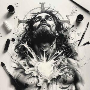 jesus-iconic-tattoo – tattoo design ideas free ai generated – smooth-gradients – for-outer-arm – Gallery: jesus-inkby-ai