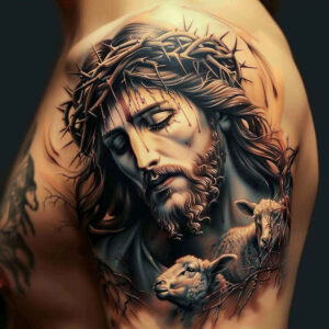 jesus-iconic-tattoo – tattoo design ideas free ai generated – soft-transitions – for-upper-shoulder – Gallery: jesus-inkby-ai