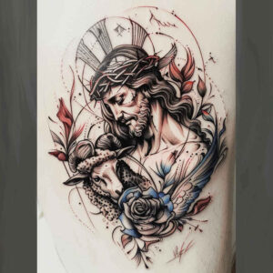 jesus-in-painting – tattoo design ideas free ai generated – balanced-light – for-shoulder – Gallery: jesus-inkby-ai