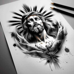 jesus-love-tattoo – tattoo design ideas free ai generated – smooth-gradients – for-temple – Gallery: jesus-inkby-ai