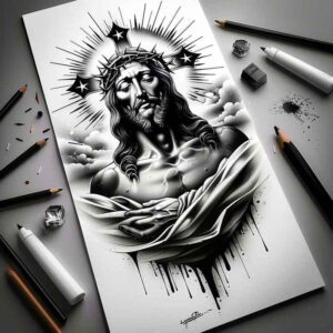 jesus-mercy-tattoo – tattoo design ideas free ai generated – focal-blur – for-lower-thigh – Gallery: jesus-inkby-ai