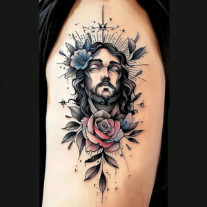jesus-mercy-tattoo – tattoo design ideas free ai generated – high-contrast – for-inner-arm – Gallery: jesus-inkby-ai