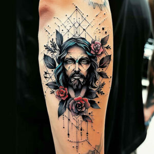 jesus-mystic-tattoo – tattoo design ideas free ai generated – micro-detail – for-upper-arm – Gallery: jesus-inkby-ai